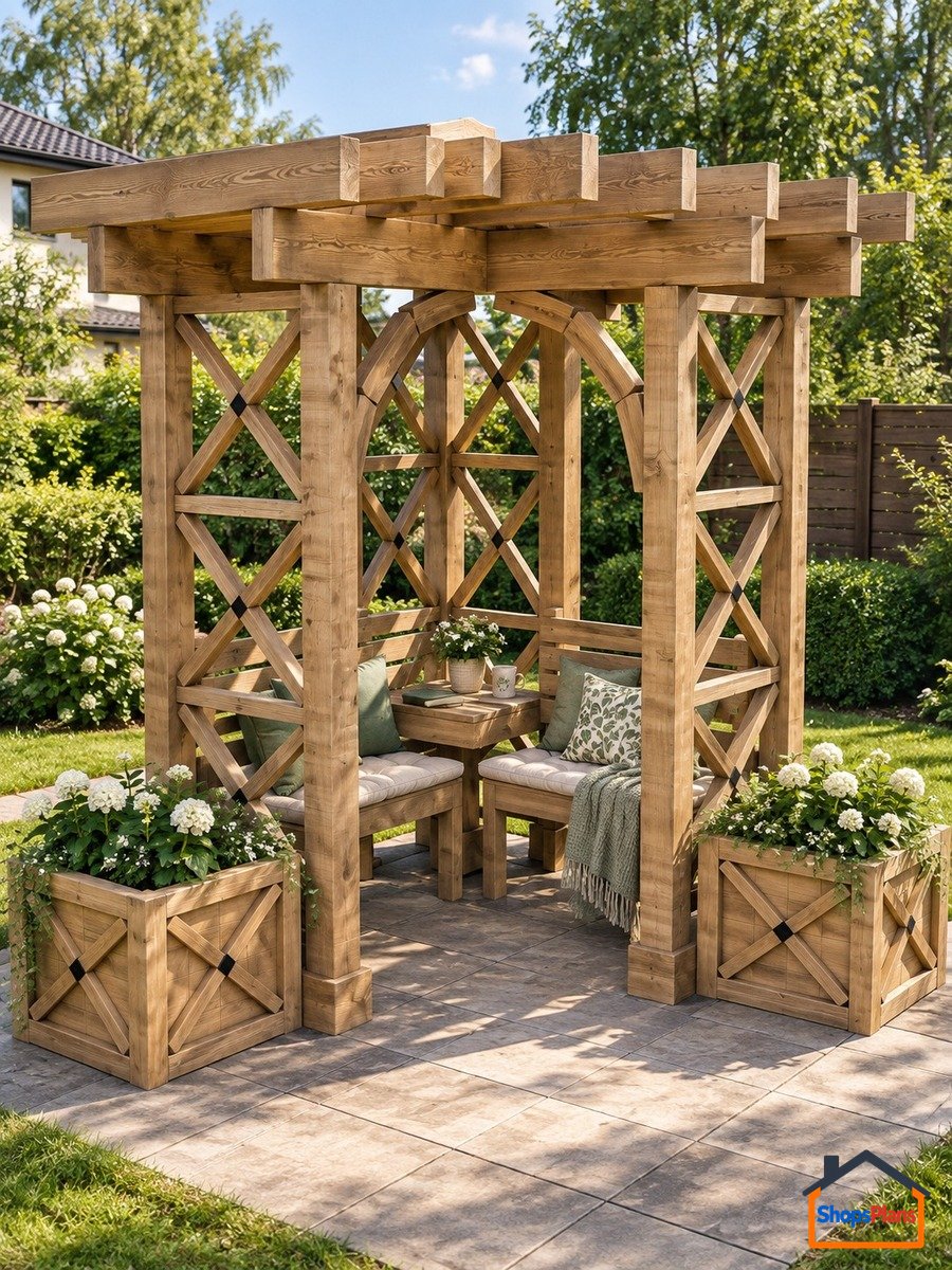 Wooden Corner Pergola With Benches - Photo 1